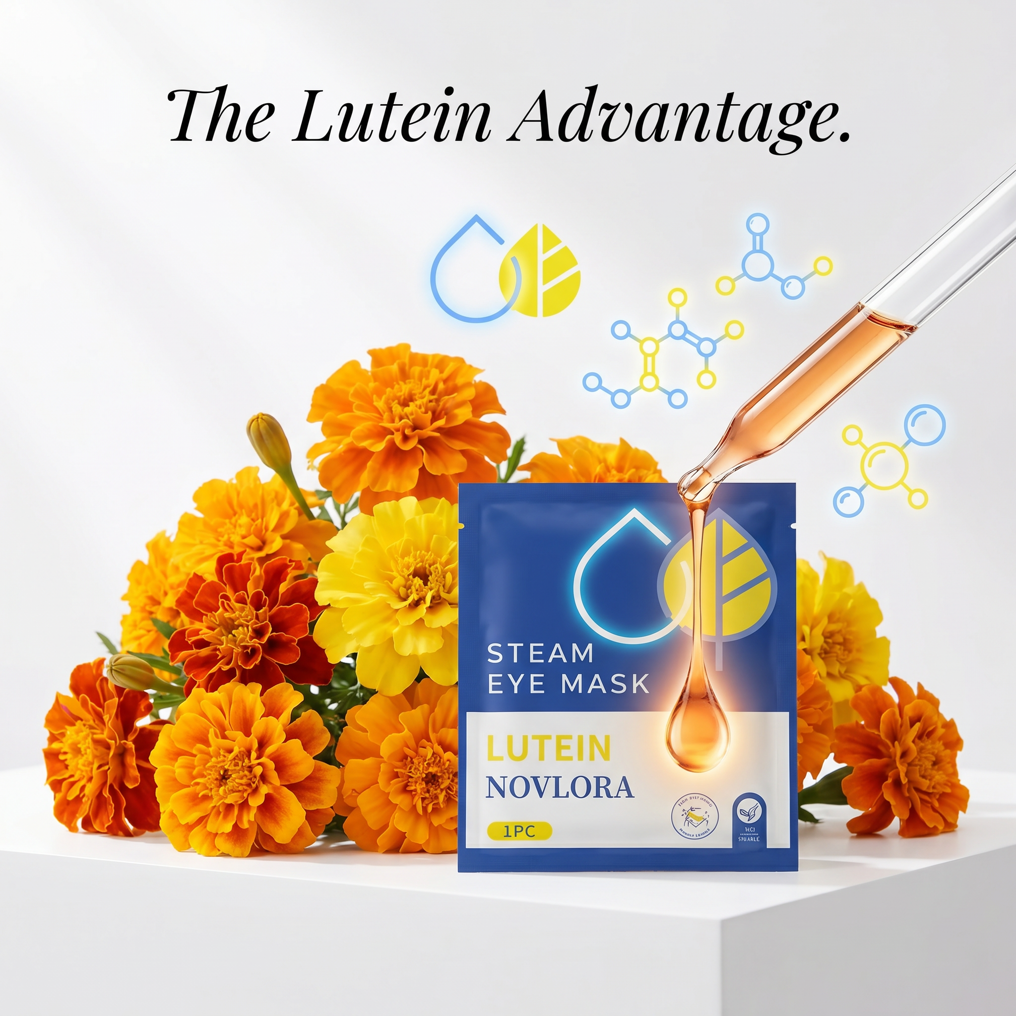 30pc Novlora Lutein MicroSteam™ Eye Patches Self-Heating · Targeted-Steaming · Lutein-Infused · 20-Minute Therapeutic Session