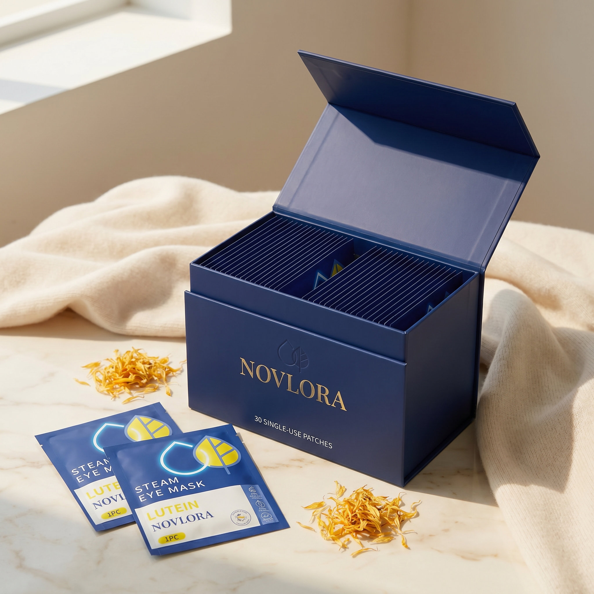 30pc Novlora Lutein MicroSteam™ Eye Patches Self-Heating · Targeted-Steaming · Lutein-Infused · 20-Minute Therapeutic Session