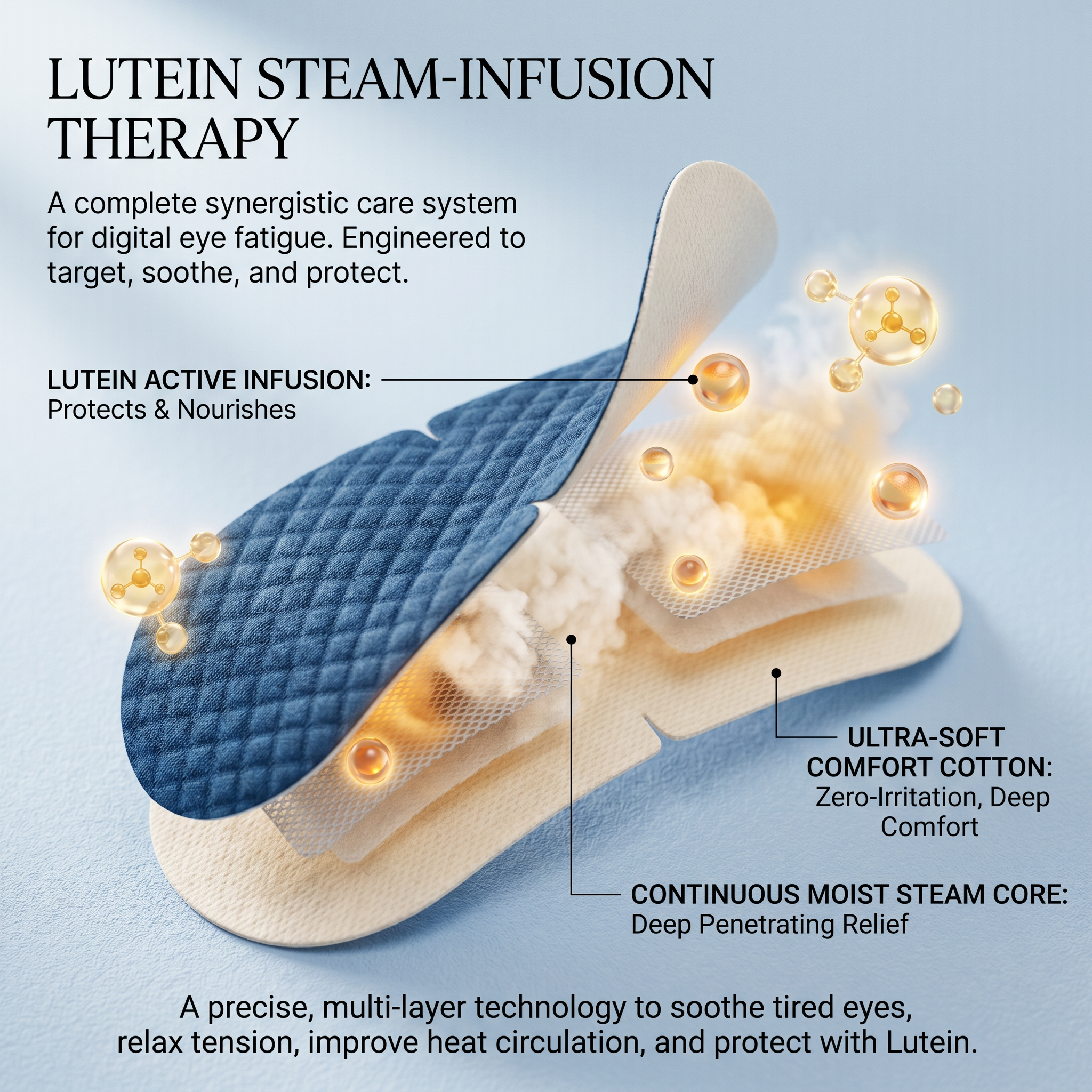 30pc Novlora Lutein MicroSteam™ Eye Patches Self-Heating · Targeted-Steaming · Lutein-Infused · 20-Minute Therapeutic Session