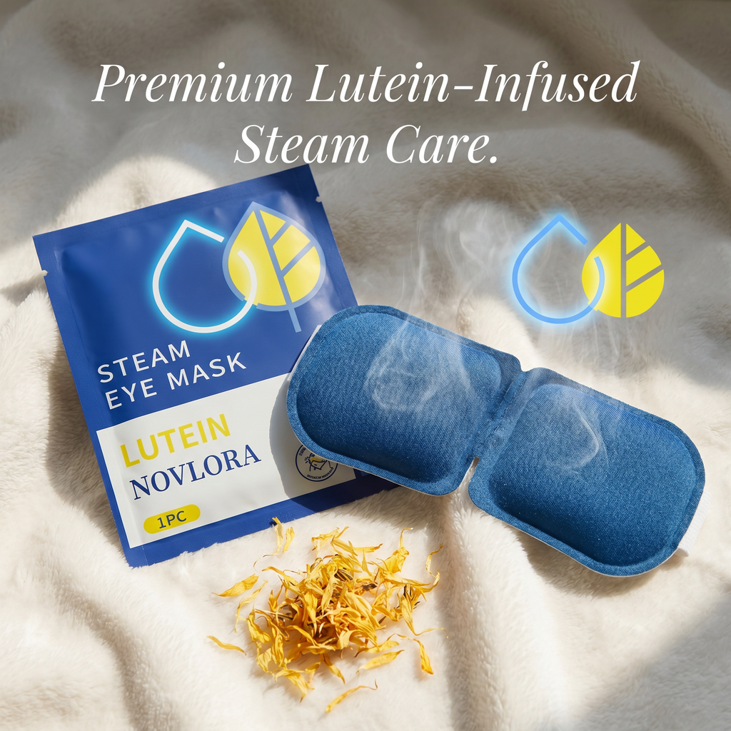 30pc Novlora Lutein MicroSteam™ Eye Patches Self-Heating · Targeted-Steaming · Lutein-Infused · 20-Minute Therapeutic Session